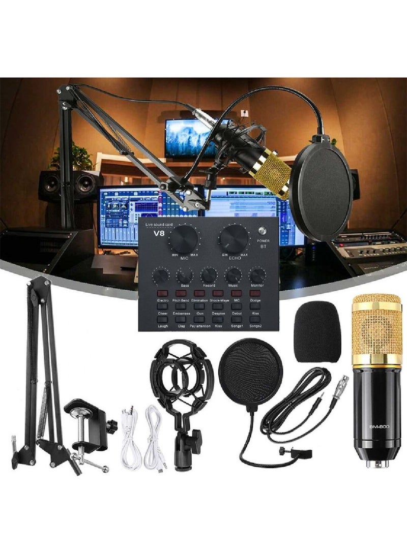 Professional Condenser Microphone Kit with V8 Sound Card This image shows a complete professional audio recording setup designed for podcasting, streaming, or studio recording. The main components include:  1. Condenser Microphone (BM800 style) A gold-and-black condenser microphone, known for its high sensitivity and clear sound capture, ideal for vocals and voiceovers.  2. Adjustable Microphone Arm Stand A metal suspension boom arm that allows flexible positioning of the microphone for comfort and optimal sound capture.  3. Pop Filter and Foam Windscreen A circular pop filter and a foam windscreen to reduce plosive sounds and wind noise, improving audio clarity.  4. Shock Mount A suspension shock mount to hold the microphone and reduce vibrations or handling noise.  5. V8 Live Sound Card An external audio interface with multiple knobs and buttons for adjusting mic volume, echo, and adding sound effects during live streaming or recording.  6. Cables and Mounting Accessories Includes US - Image 1